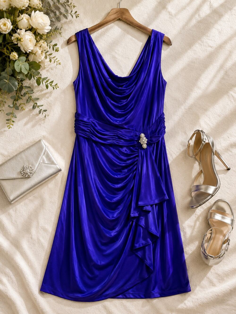 Scarlett Nite Purple Cowl Neck Ruched Rhinestone Dress Plus Size 18